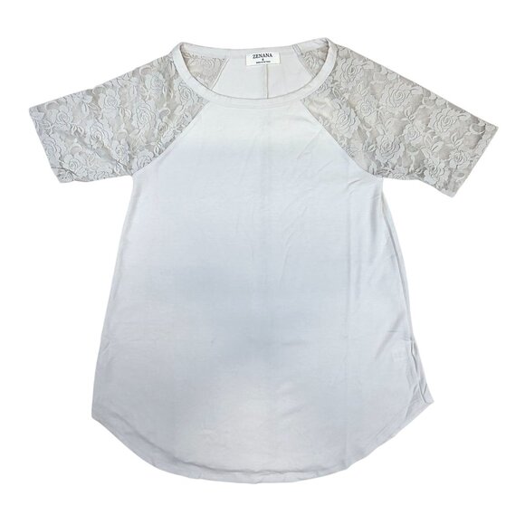 Zenana Lace Sleeve Top T-shirt Round Bottom Loose Off White/Grey Womens Small - Picture 2 of 9